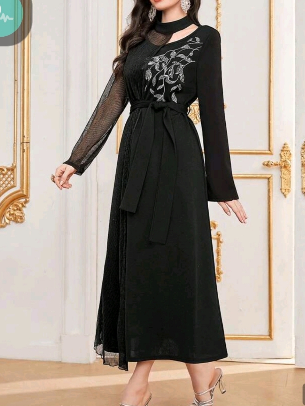 Black Modest Dress with White Leaf Embroidery